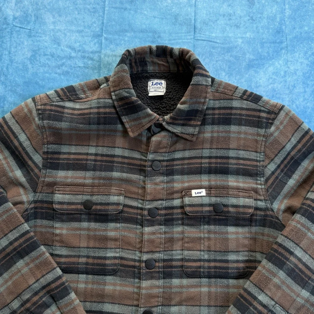 Lee Sherpa Lined Plaid Chore Jacket Brown Snap Front Workwear Men's S